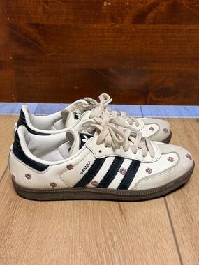 adidas Cream and Black Samba Sneakers with Purple Floral Embroidery